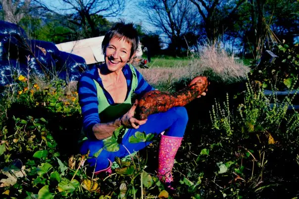 Shellie and a massive sweet potato at The Garden of Eden