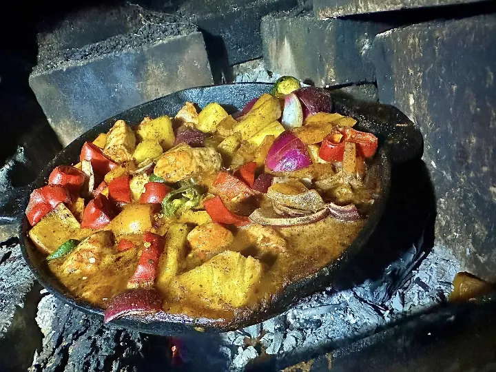 Pineapple BBQ Chicken in the wood burning stove