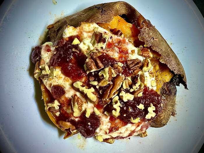 Roasted sweet potatoe with decadent toppings