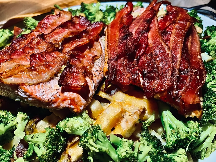 Garlic Bacon Salmon with broccoli and cheesy fries from The Garden of Eden