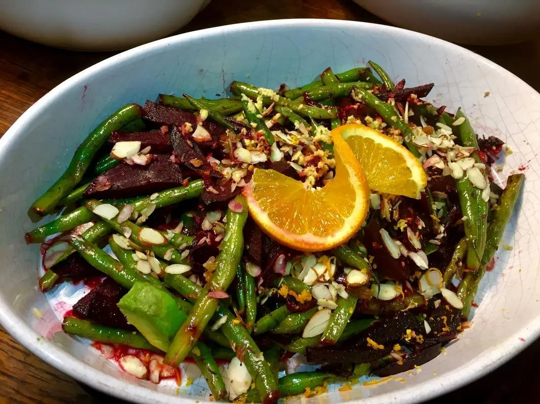Beets and green beans with orange ginger sauce